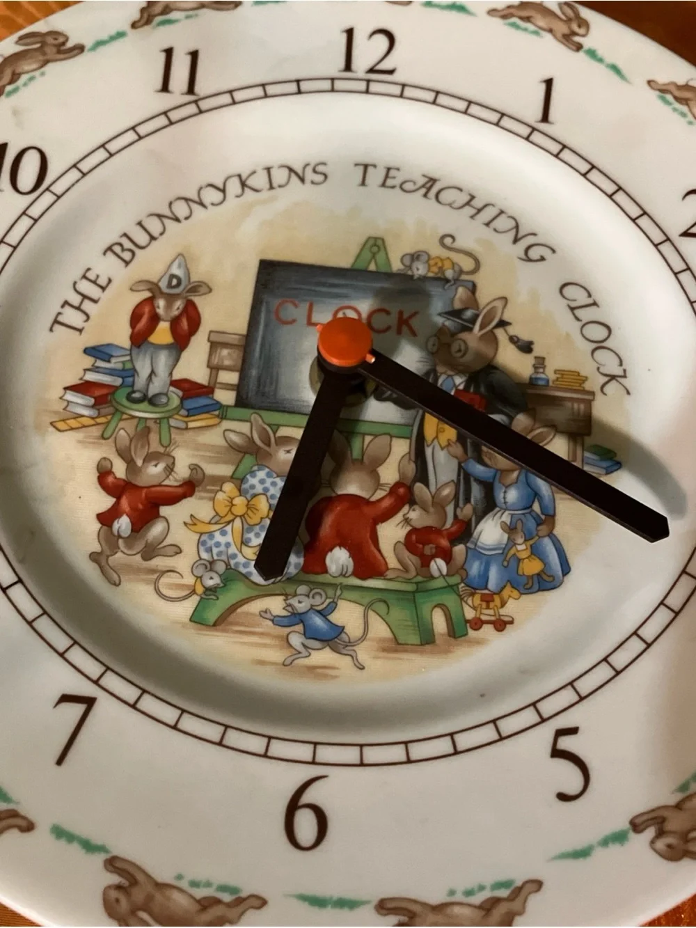 Vintage Royal Doulton China Bunnykins Teaching Wall Clock Classroom Works Great
